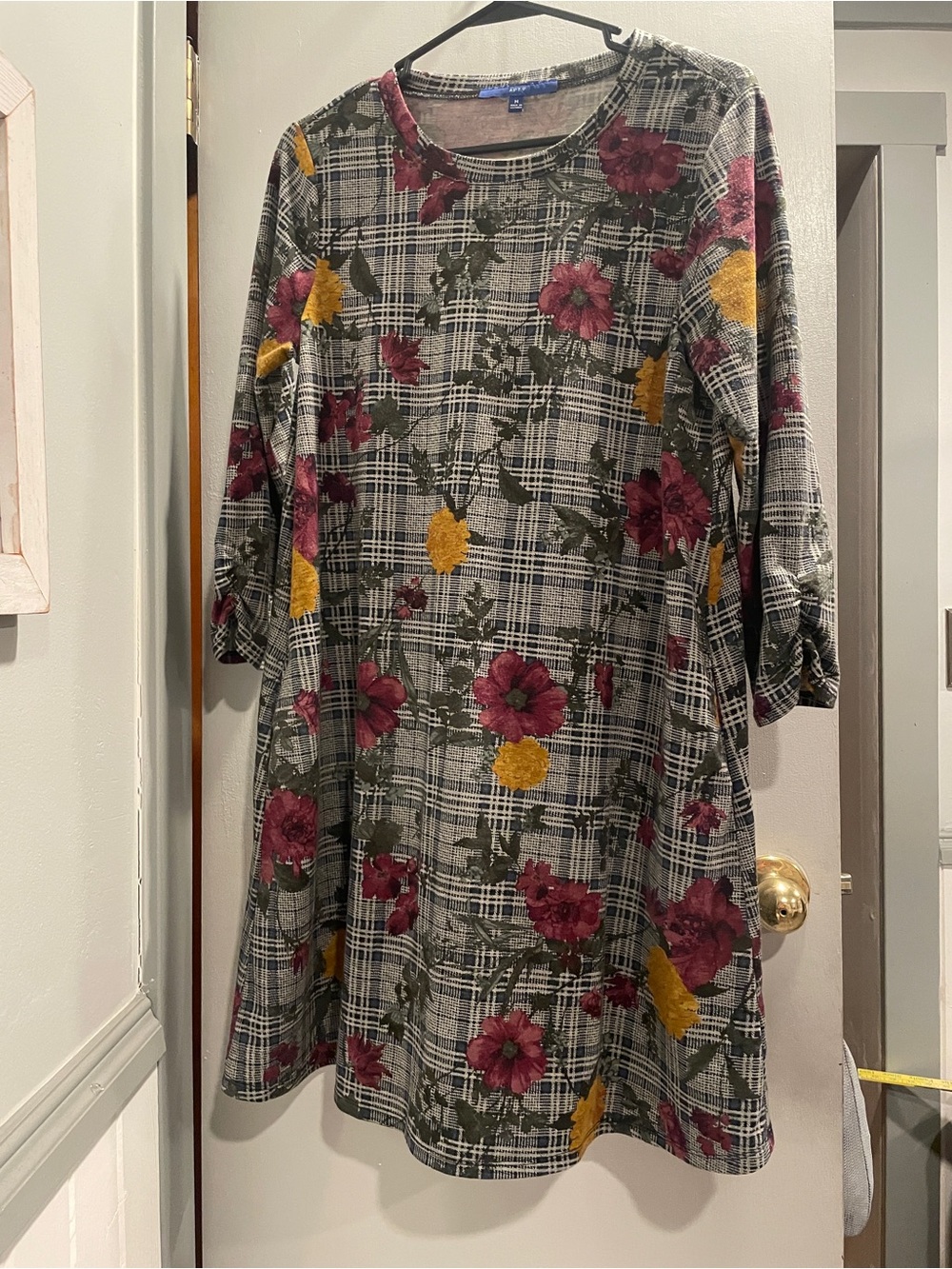Apt 9 Plaid Floral A-Line Dress in Gray with Pink & Mustard Flowers size M